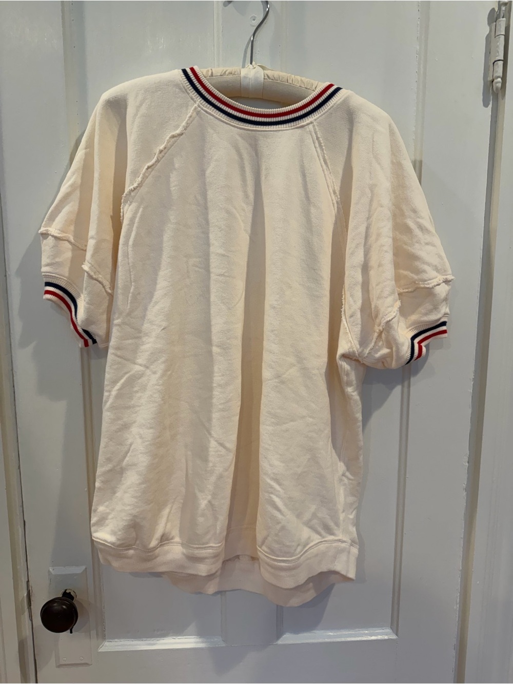 We The Free Cream Vintage-Looking Sports Tee with Red & Navy Stripe Trim